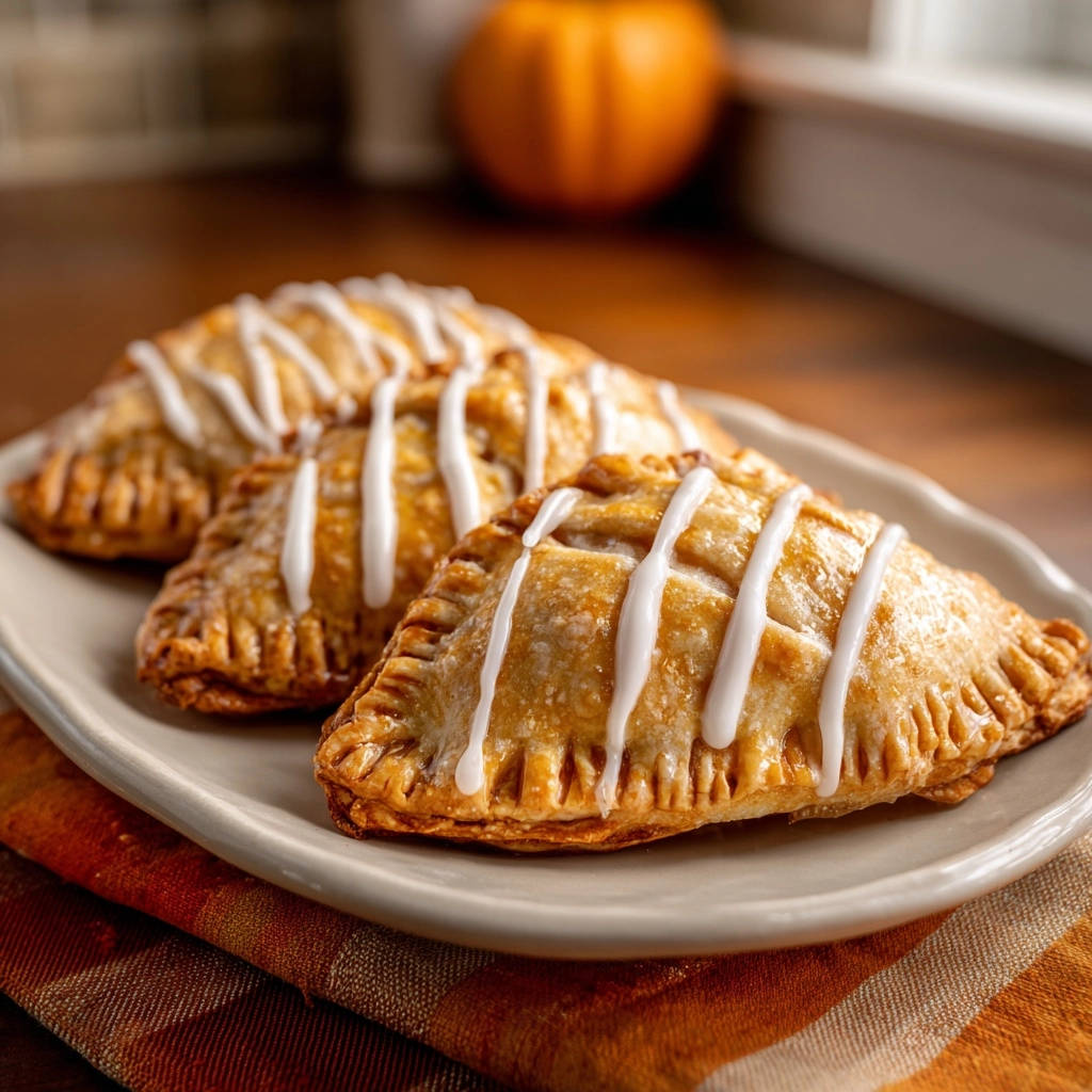 Pumpkin hand pies glazed with white icing, arranged on a plate with a textured napkin.