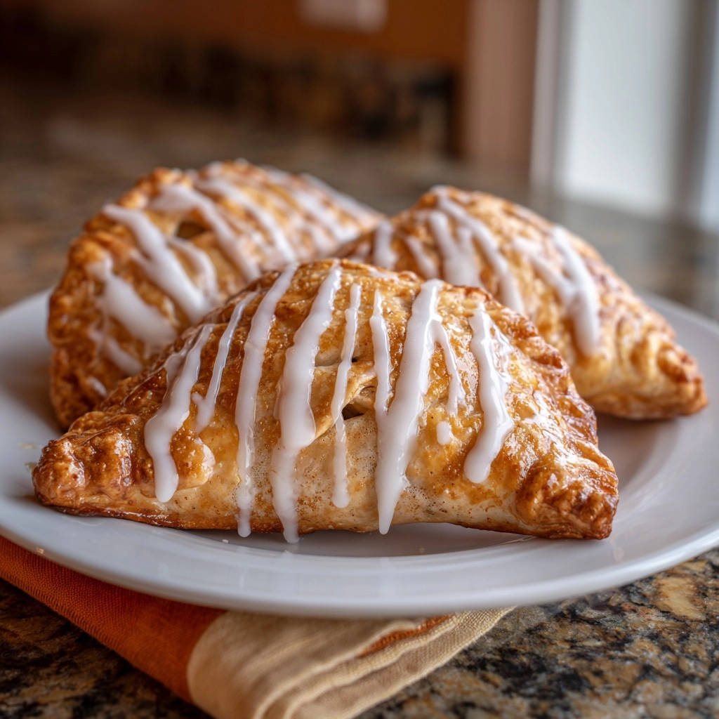 Pumpkin hand pies drizzled with white glaze, presented on a white plate with an orange napkin.