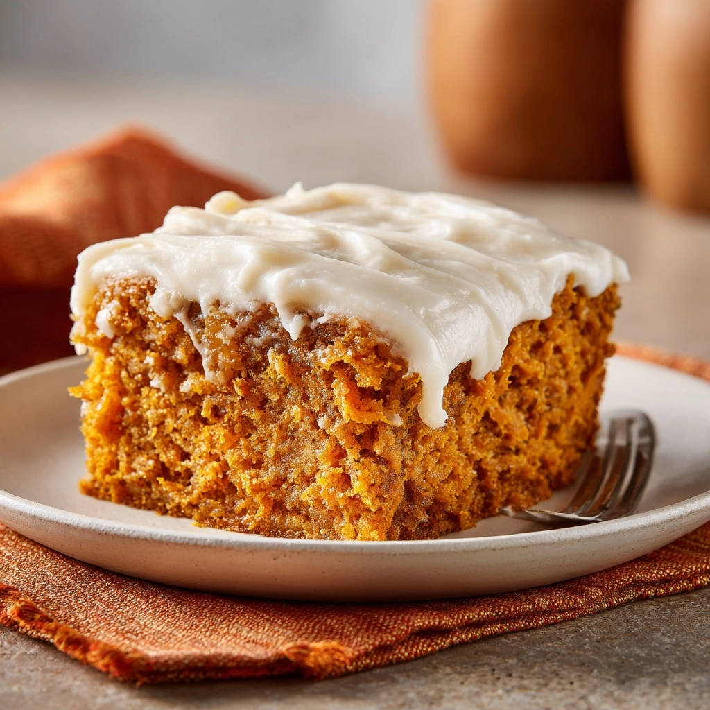 Classic pumpkin sheet cake, a moist slice with creamy white frosting, shown up close on a plate.