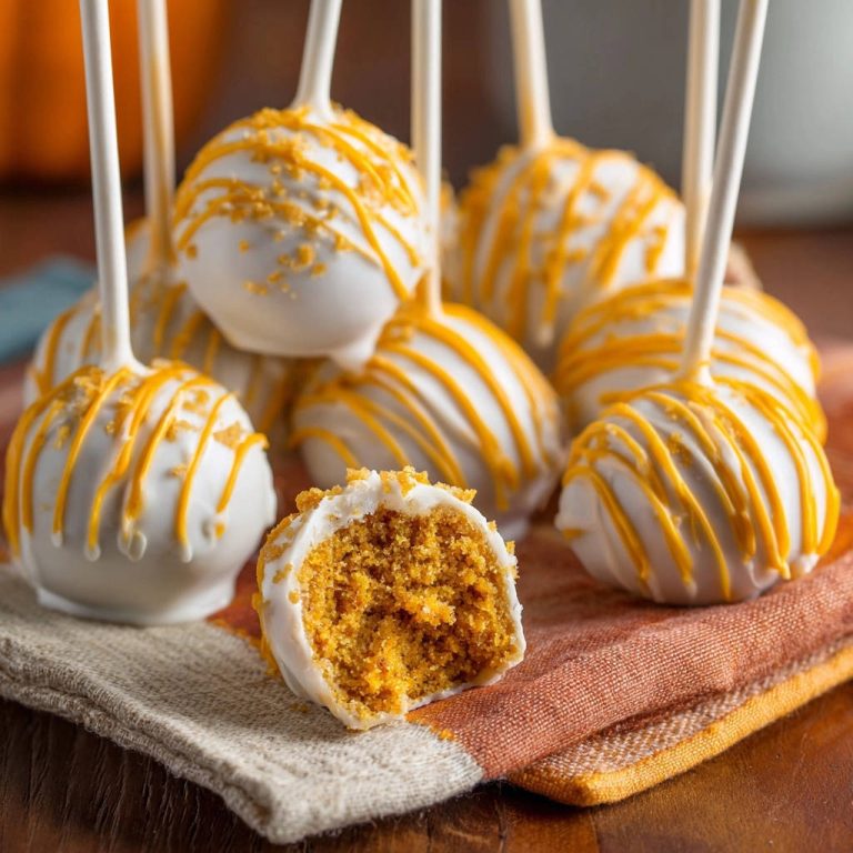Pumpkin spice cake pops with a visible cross-section showing the moist, spiced cake interior.