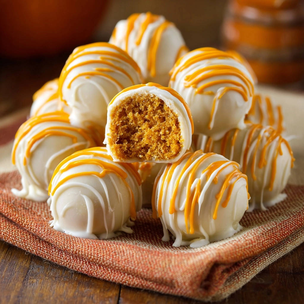 Pumpkin spice cake pops with a detailed cross-section revealing the moist interior and white chocolate coating.