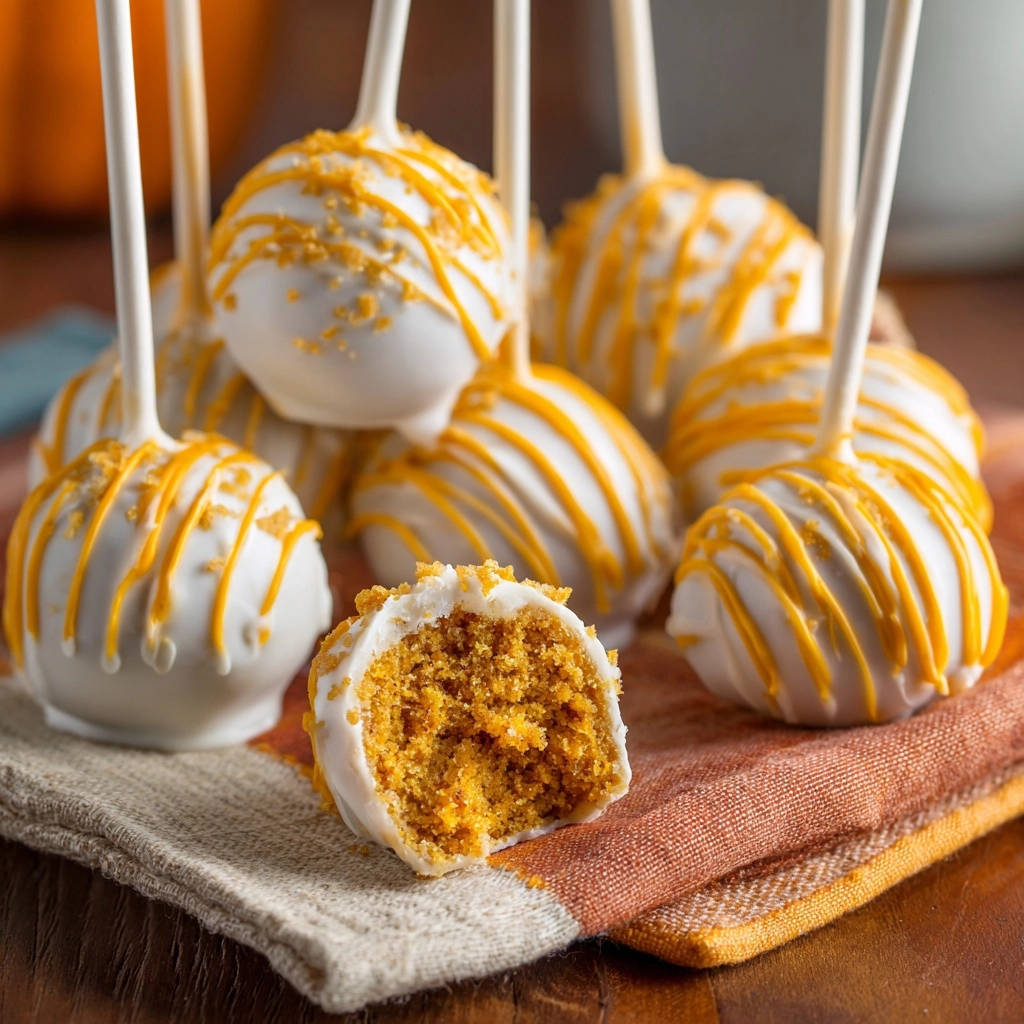 Pumpkin spice cake pops with a visible cross-section showing the moist, spiced cake interior.