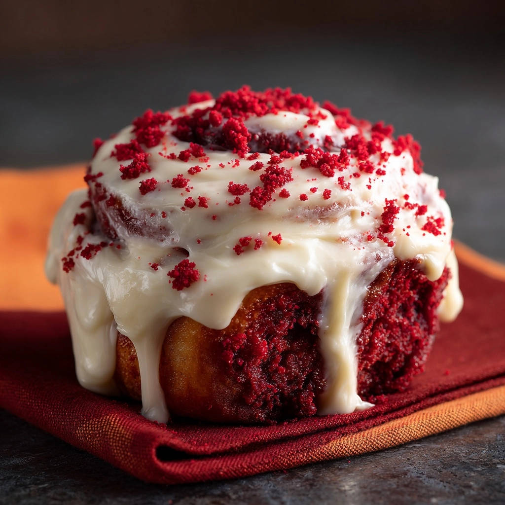 Red velvet cinnamon rolls featuring a thick cream cheese glaze and red velvet crumb topping.
