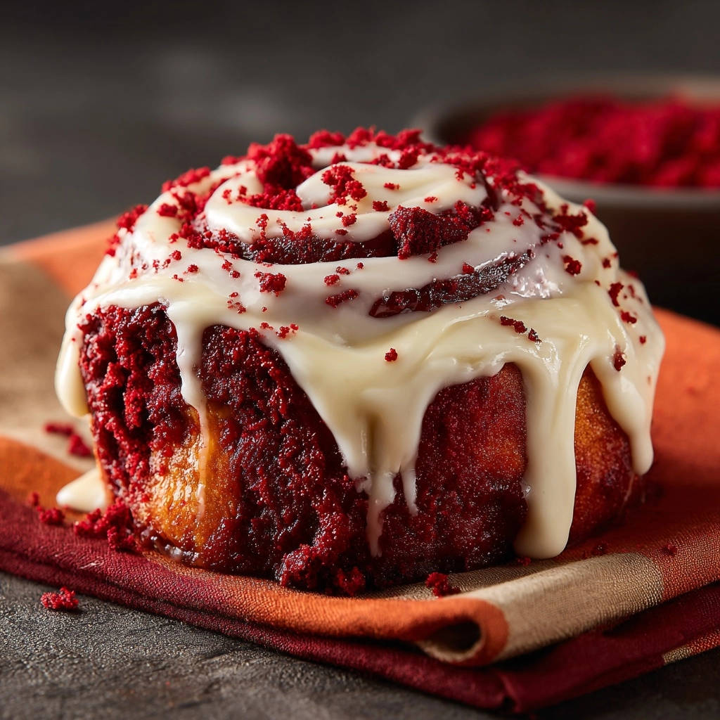 Red velvet cinnamon rolls generously glazed and topped with red velvet cake crumbs.