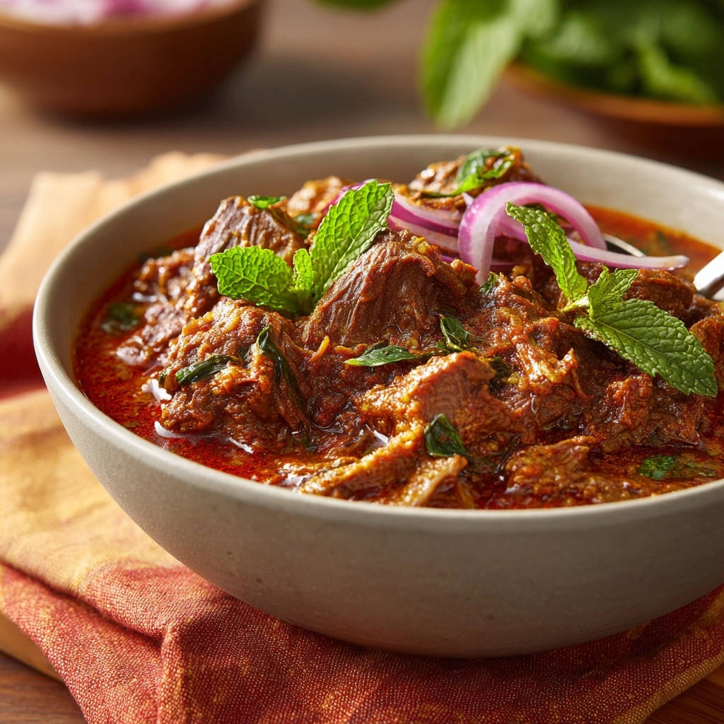 Rich braised beef in a bowl, garnished with fresh mint leaves and red onion slices.