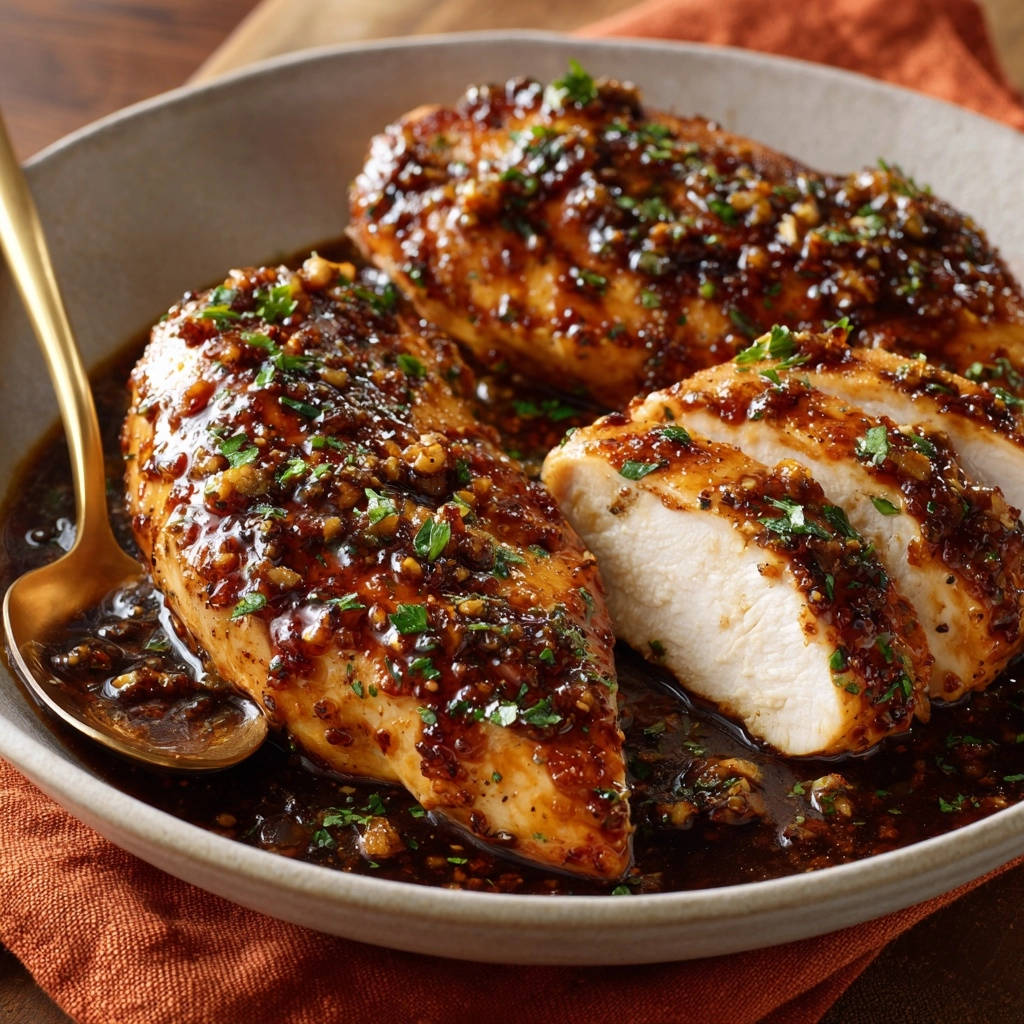 Rich glazed chicken shown in a close-up view, with one breast sliced to reveal its juicy interior.