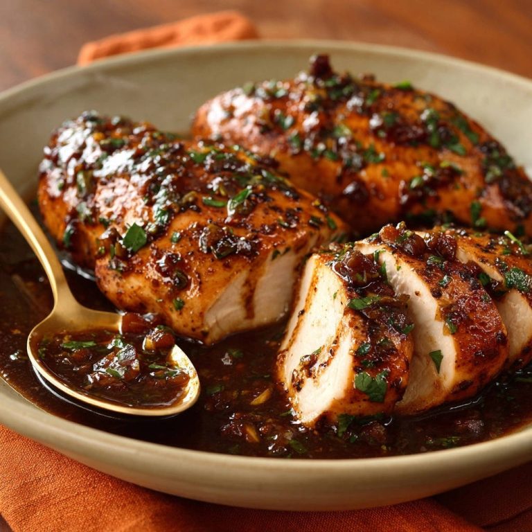 Rich glazed chicken sliced to reveal a juicy cross-section, glistening with dark sauce and herbs.