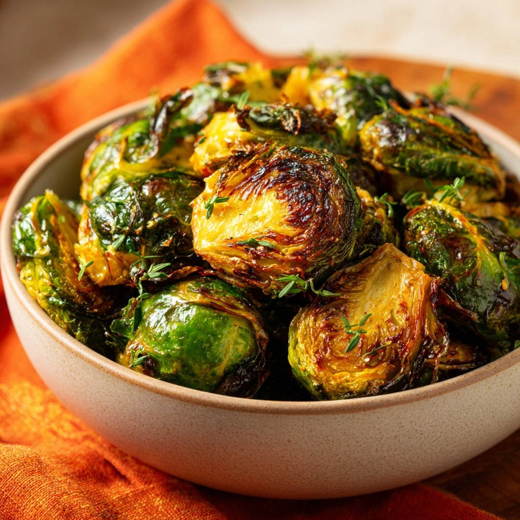 Roasted Brussels Sprouts in a bowl, showing golden-brown leaves and fresh thyme garnish detail.