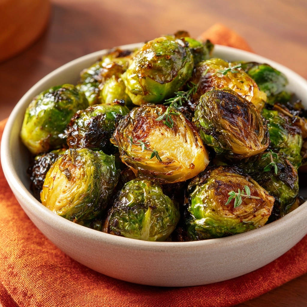 Roasted Brussels Sprouts: Golden & Crispy Perfection shown with a close-up detail of fresh thyme garnish.