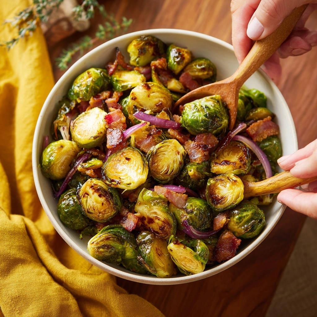 Roasted Brussels Sprouts with Bacon served in a bowl, viewed from directly overhead with wooden spoons.