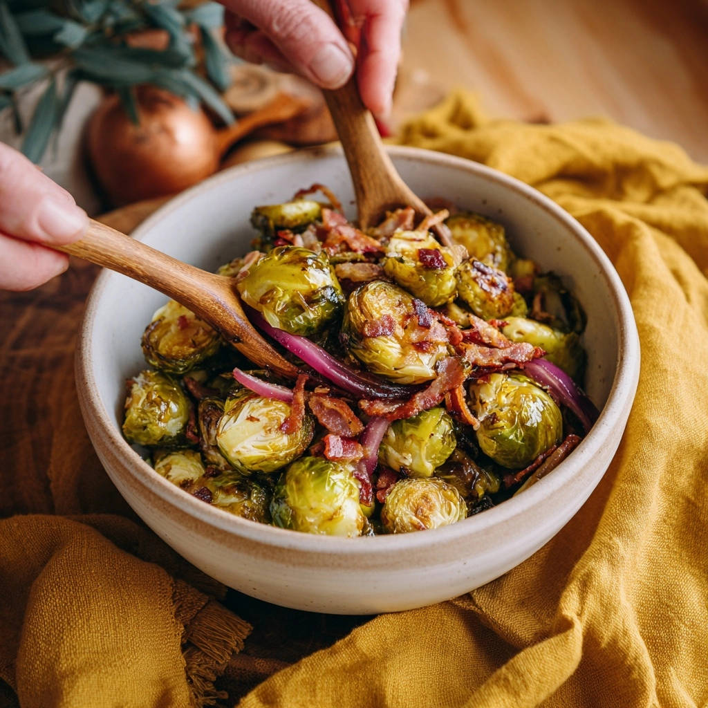 Roasted Brussels Sprouts with Bacon served in a bowl with wooden spoons, showing crispy texture and red onion.