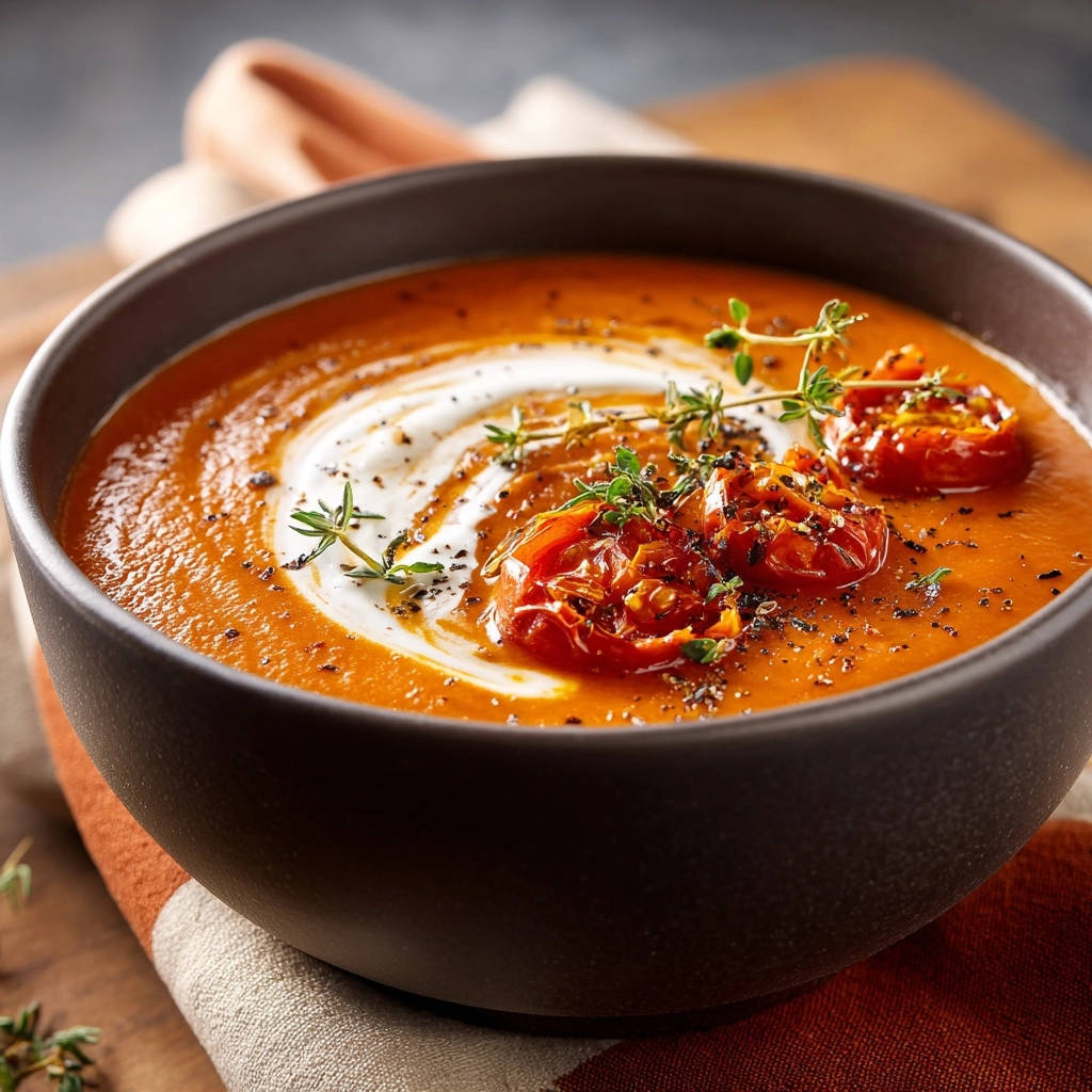 Deep-Dive Roasted Tomato Soup garnished with a creamy swirl, roasted tomatoes, and fresh thyme.