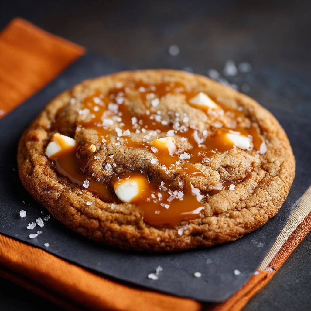 Salted caramel white chocolate cookies featuring a gooey caramel drizzle and visible white chocolate chunks, sprinkled with sea salt.
