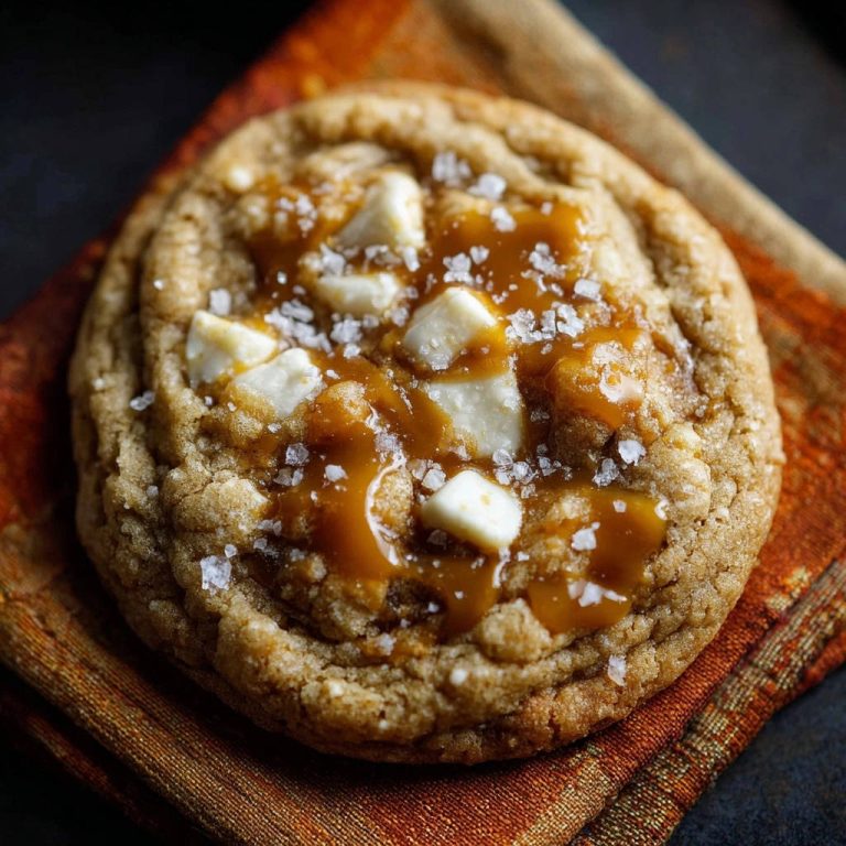 Salted caramel white chocolate cookies topped with caramel drizzle and sea salt, shown in a close-up detail shot.