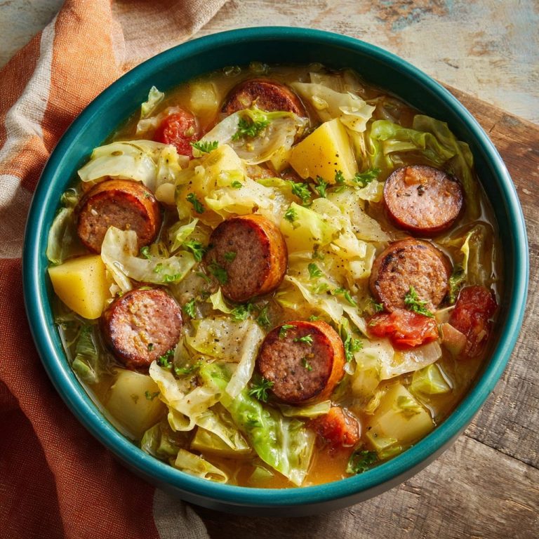 Hearty sausage and cabbage stew served in a teal bowl, shown from a top-down perspective with sausage slices and potatoes visible.
