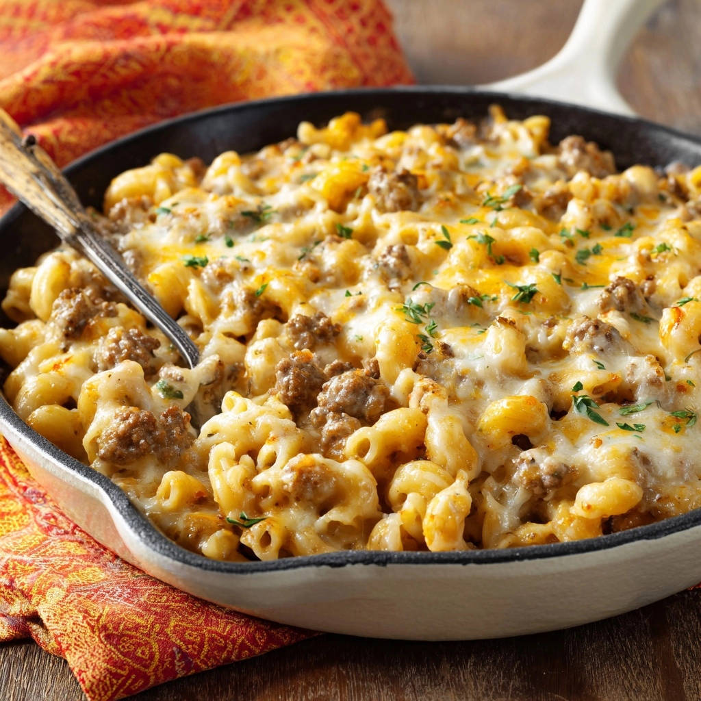 Skillet beef & macaroni bake with bubbly melted cheese and a spoon, showcasing a comforting texture.