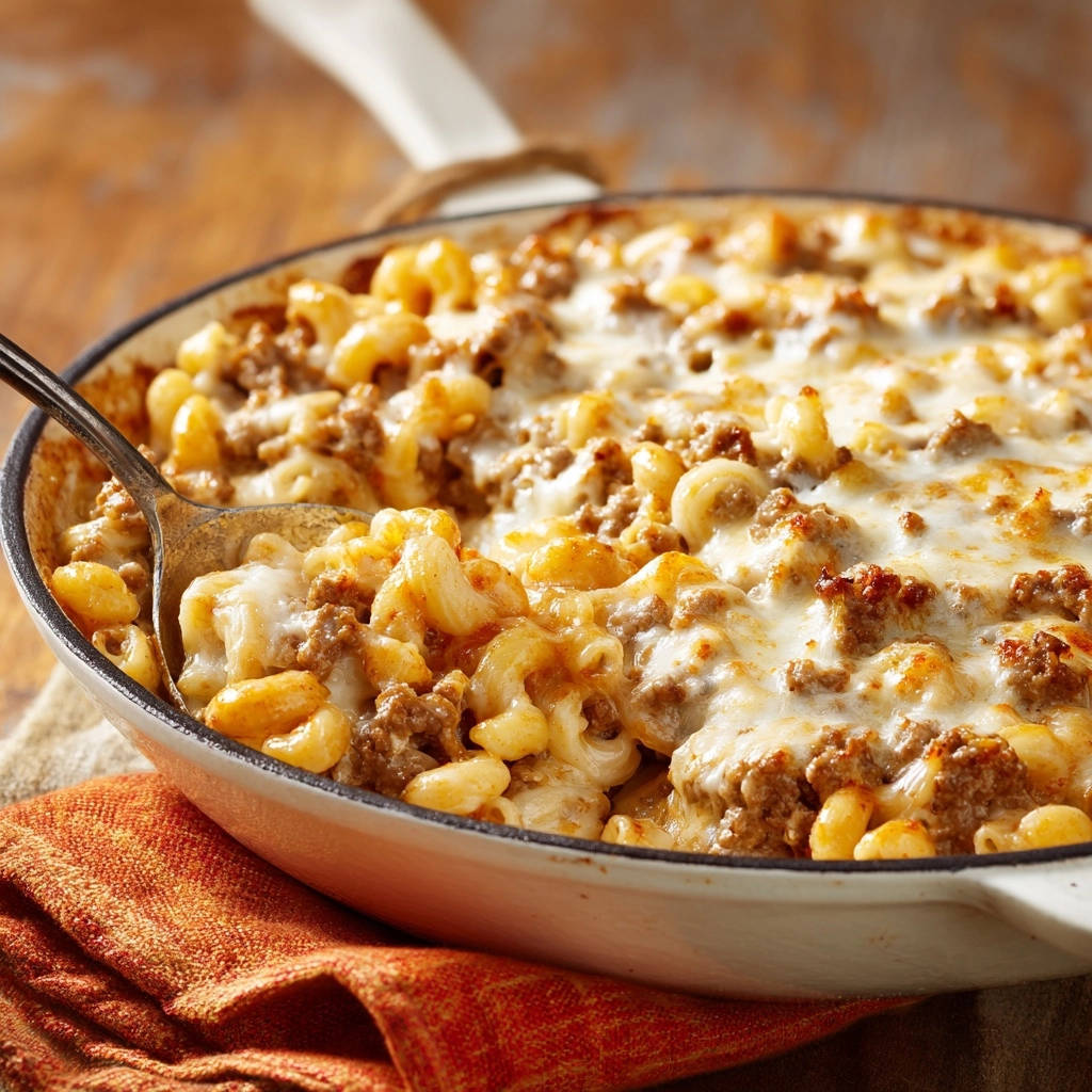 Skillet beef & macaroni bake with a spoonful being scooped out, showing melted cheese and pasta.