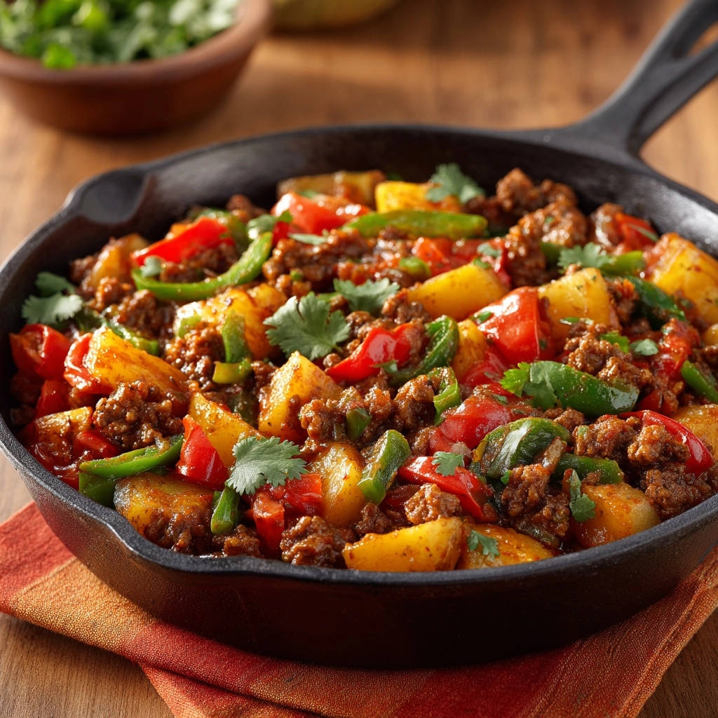 Skillet beef & potato hash served in a black cast-iron skillet, showcasing colorful peppers and fresh cilantro garnish.