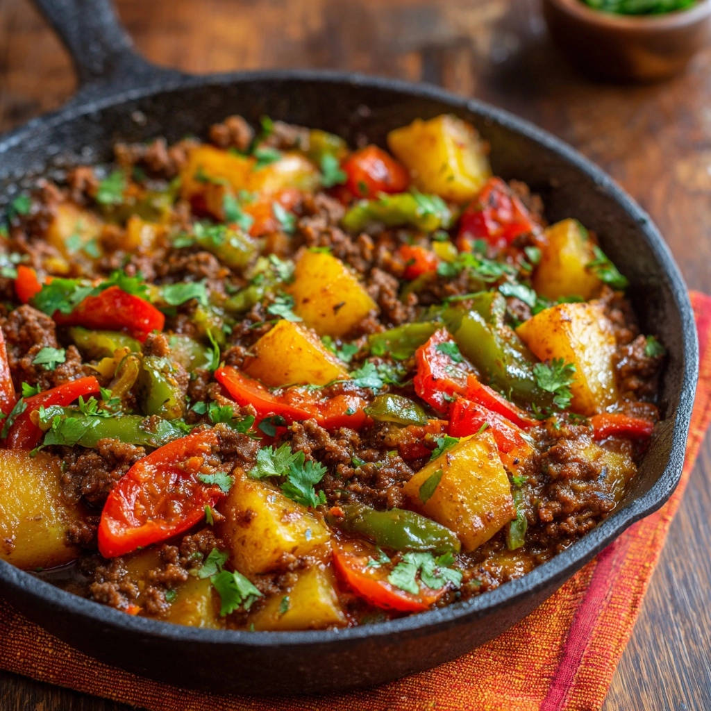 Skillet beef & potato hash shown in a close-up view within a cast iron pan, garnished with cilantro.