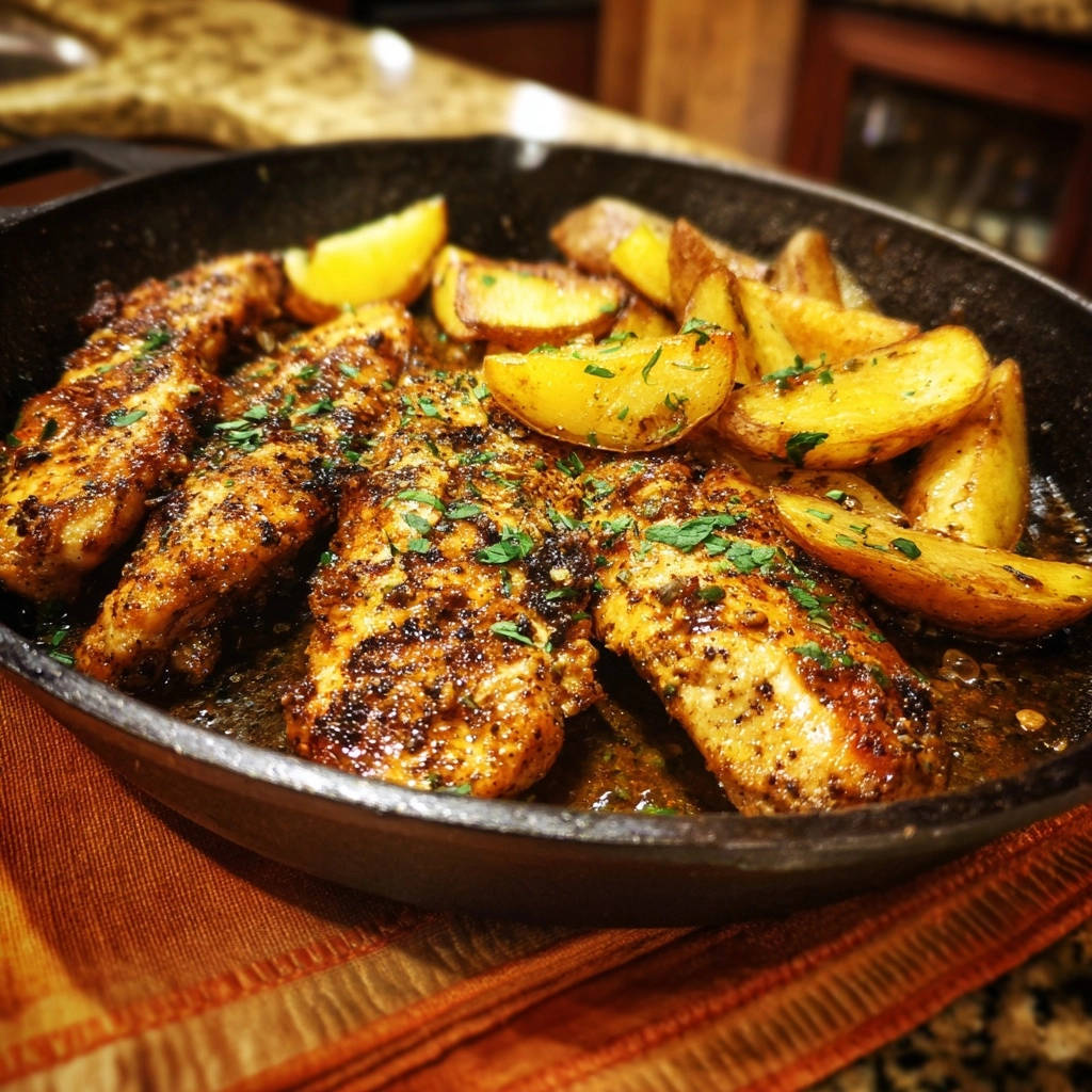 One-pan skillet chicken and potato wedges served in a cast-iron pan, garnished with fresh parsley.