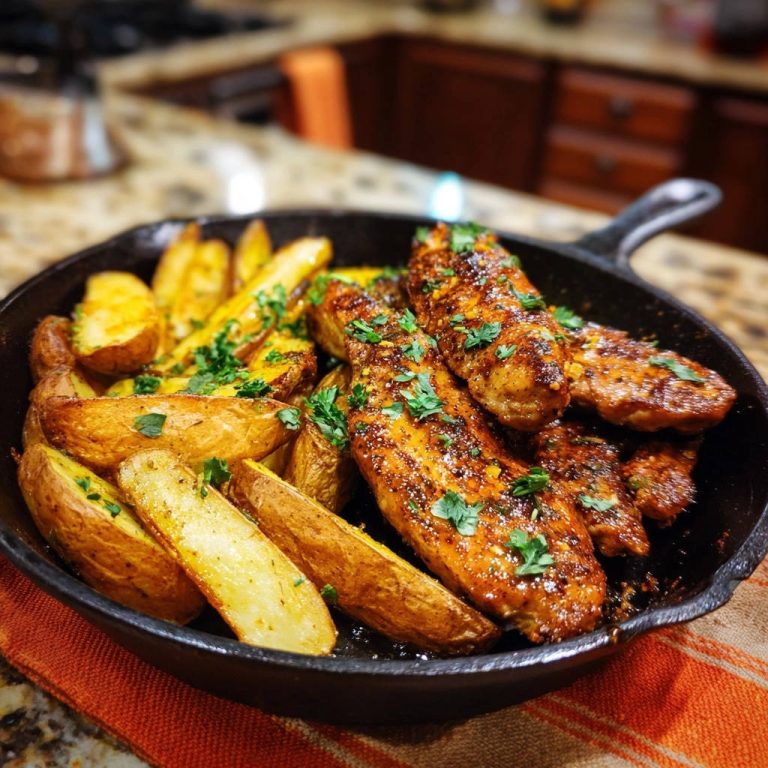 One-pan skillet chicken and potato wedges served directly in a cast-iron skillet, garnished with parsley.