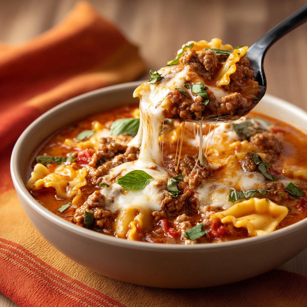Skillet lasagna soup with a spoonful lifting out cheesy pasta and ground beef, garnished with basil.