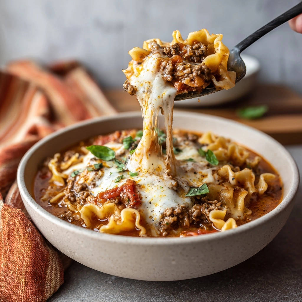 Skillet lasagna soup with a cheesy spoonful being pulled up, showing melted mozzarella and ruffled noodles.