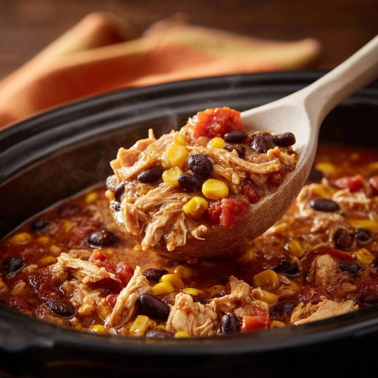 Slow cooker zesty chicken & bean stew served on a wooden spoon with steam rising, highlighting the tender shredded chicken and corn.