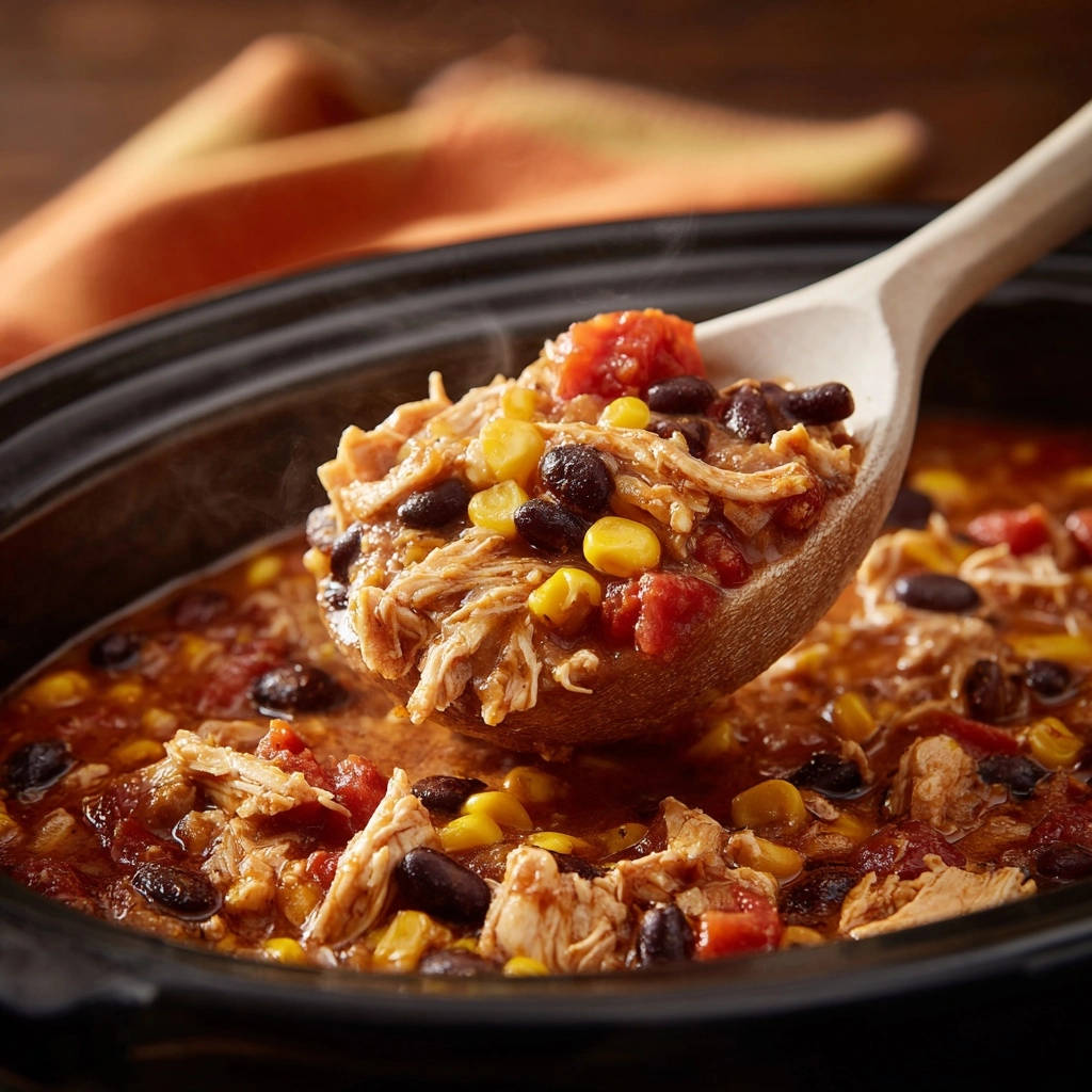 Slow cooker zesty chicken & bean stew served on a wooden spoon with steam rising, highlighting the tender shredded chicken and corn.