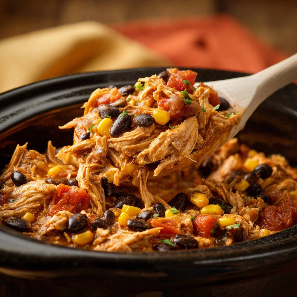 Slow cooker zesty chicken and bean stew being scooped with a wooden spoon, showing tender shredded chicken, black beans, and corn.