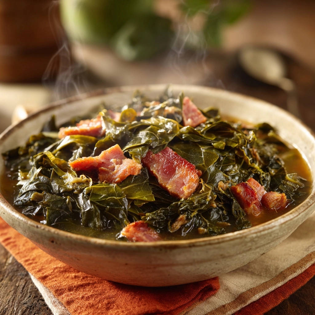 Soulful collard greens with chunks of ham steaming in a rustic bowl, showcasing their tender texture.