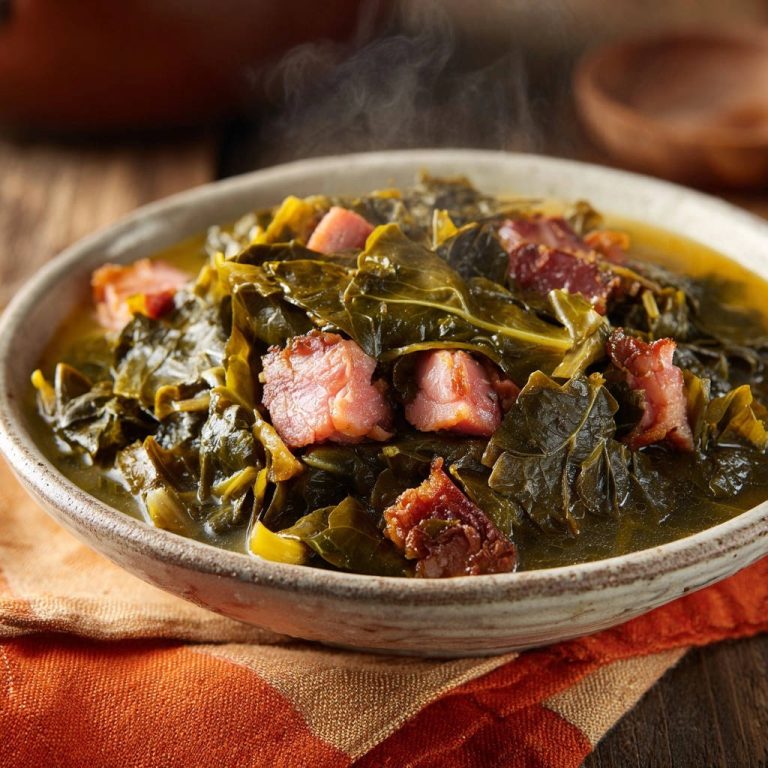 Soulful collard greens with chunks of ham, steaming in a rustic bowl on an orange napkin.