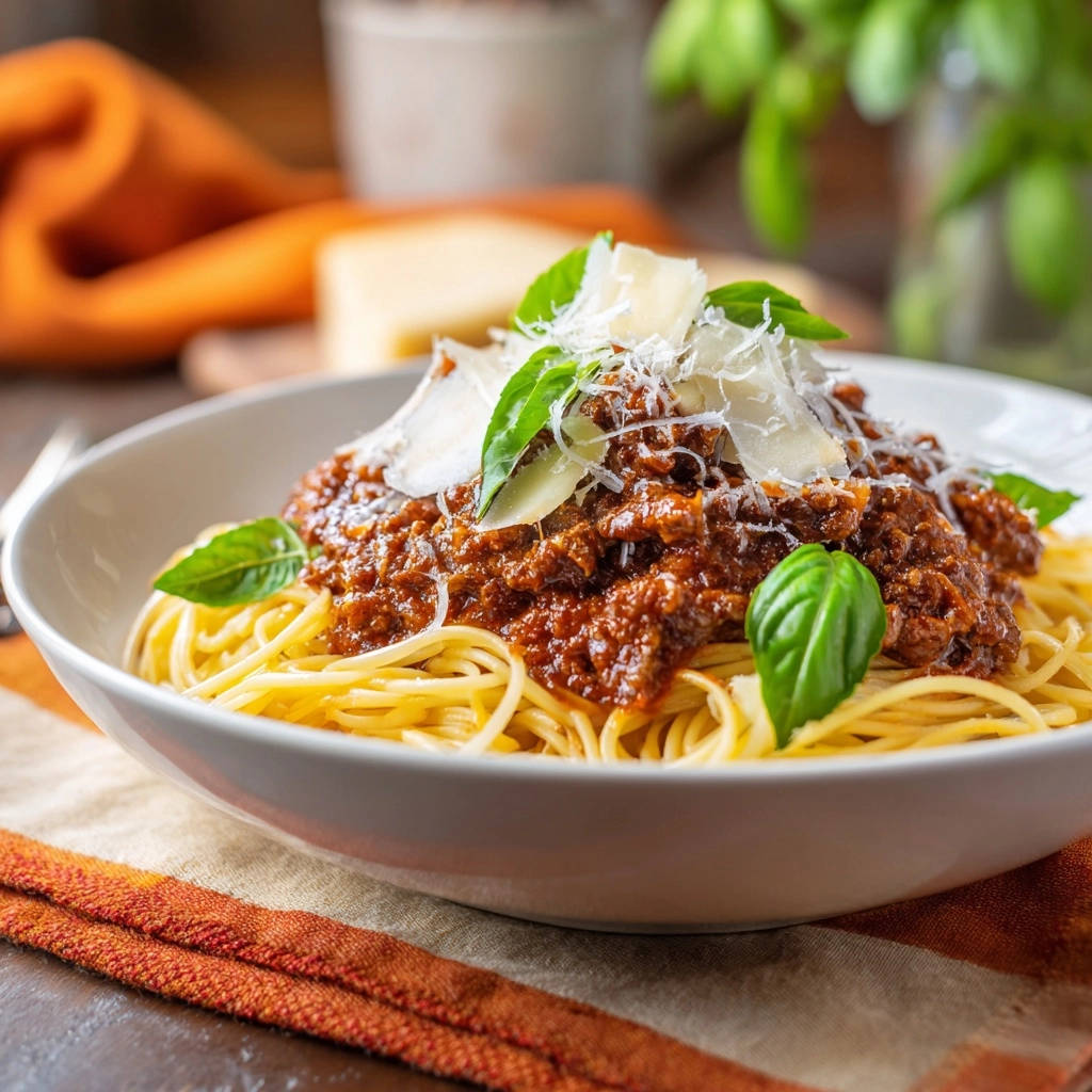 Spaghetti Bolognese with clinging sauce, topped with shaved Parmesan cheese and fresh basil leaves.