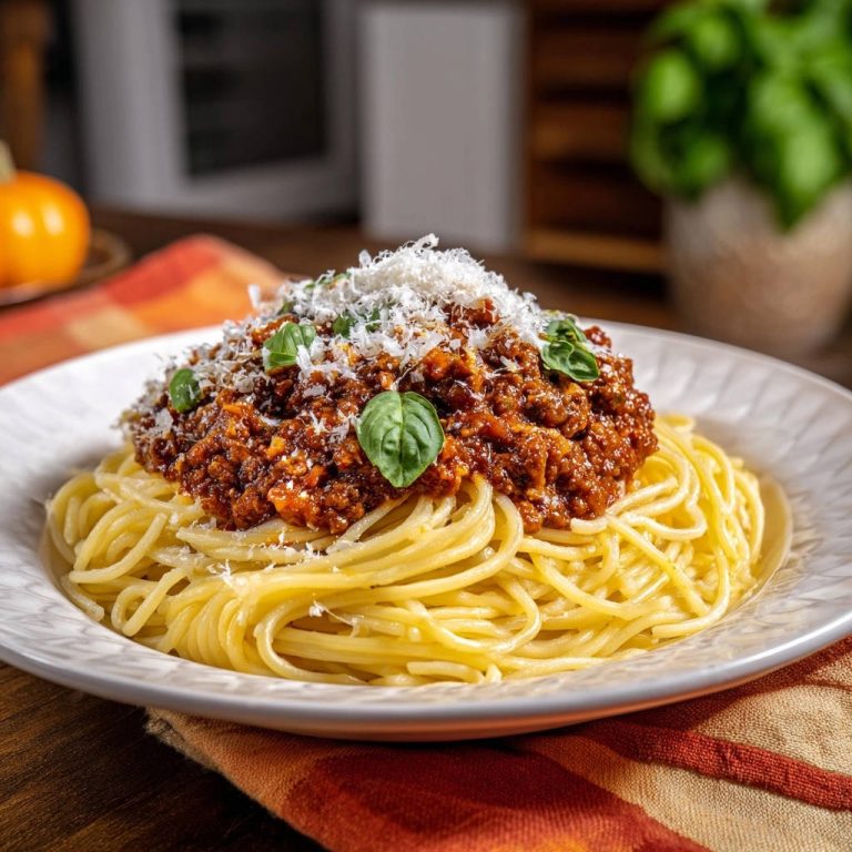 Spaghetti Bolognese with a generous clinging sauce, topped with grated Parmesan and fresh basil, served on a white plate.
