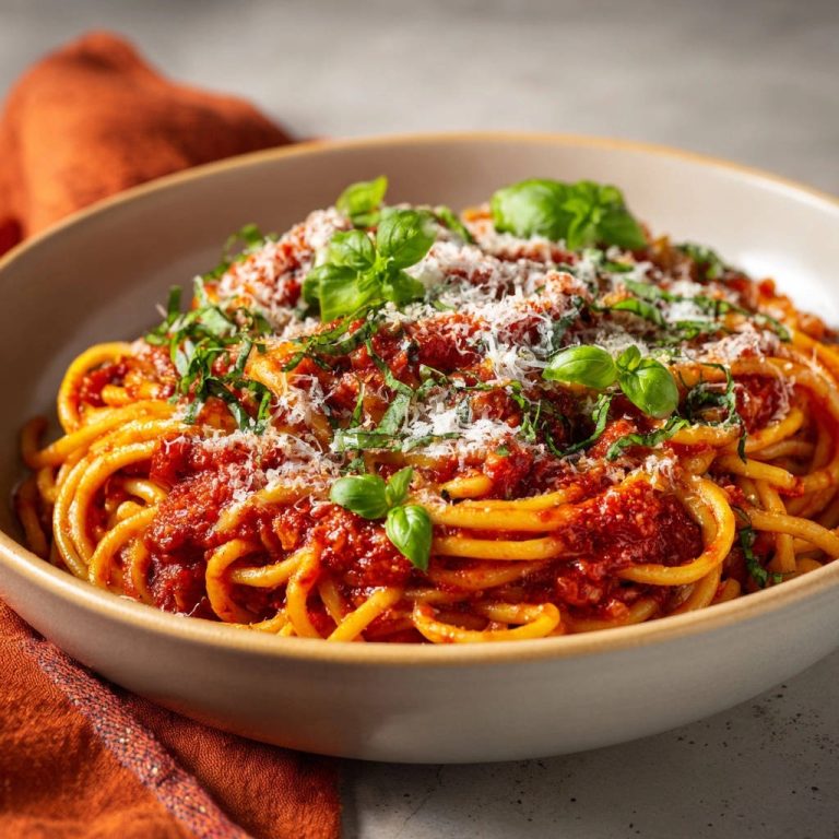 Classic Spaghetti with Marinara served in a bowl, topped with fresh basil and grated Parmesan cheese.