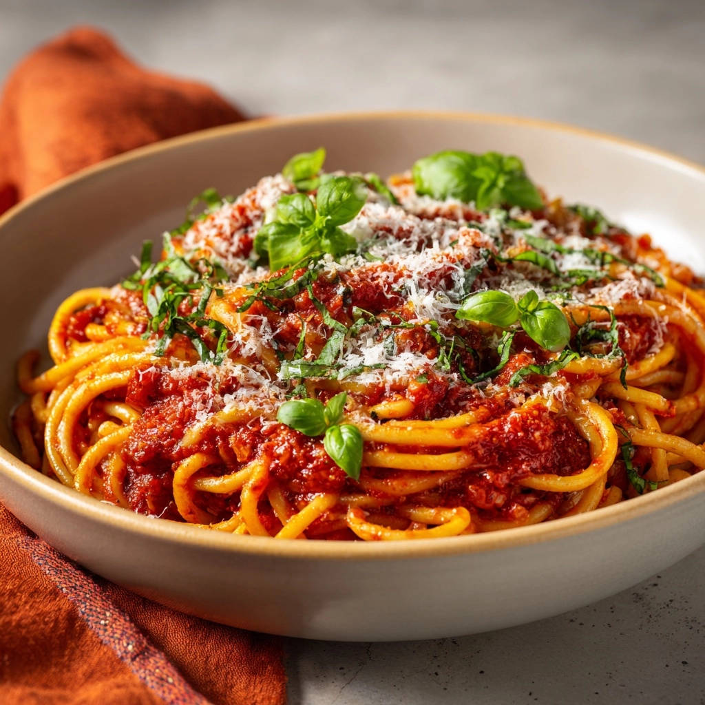 Classic Spaghetti with Marinara served in a bowl, topped with fresh basil and grated Parmesan cheese.