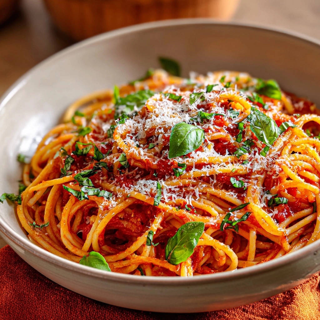 Classic Spaghetti with Marinara garnished with grated cheese and fresh basil leaves in a bowl.