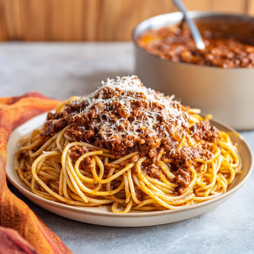 Classic Spaghetti with Meat Sauce plated with a generous topping of shredded Parmesan cheese.
