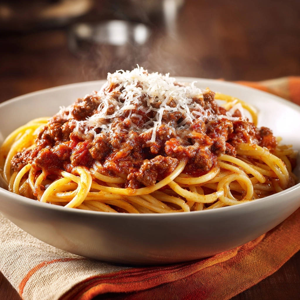 Ultimate Spaghetti & Meat Sauce with steaming hot pasta topped with grated cheese in a bowl.