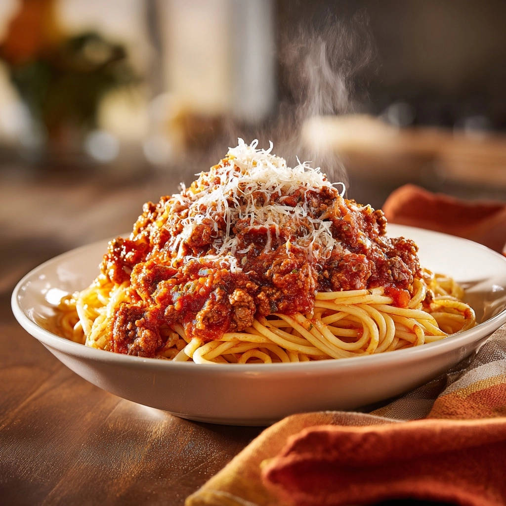Ultimate Spaghetti & Meat Sauce with a generous topping of steaming grated cheese.