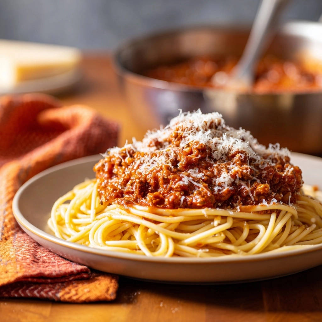 Classic Spaghetti with Meat Sauce served on a plate, generously topped with rich meat sauce and grated Parmesan cheese.