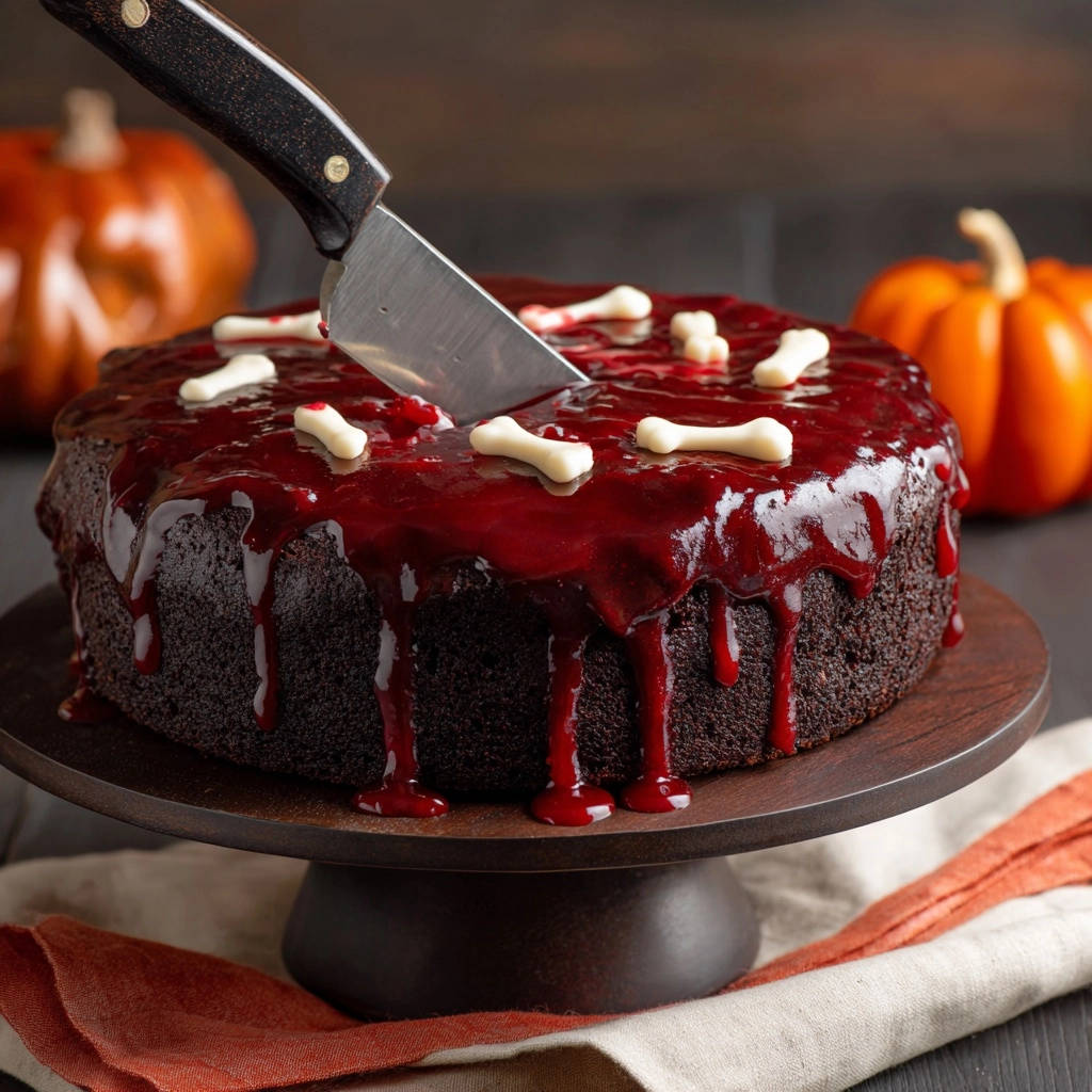 Spooky chocolate bundt cake with a bloody glaze and bone candies, a knife stuck in it.