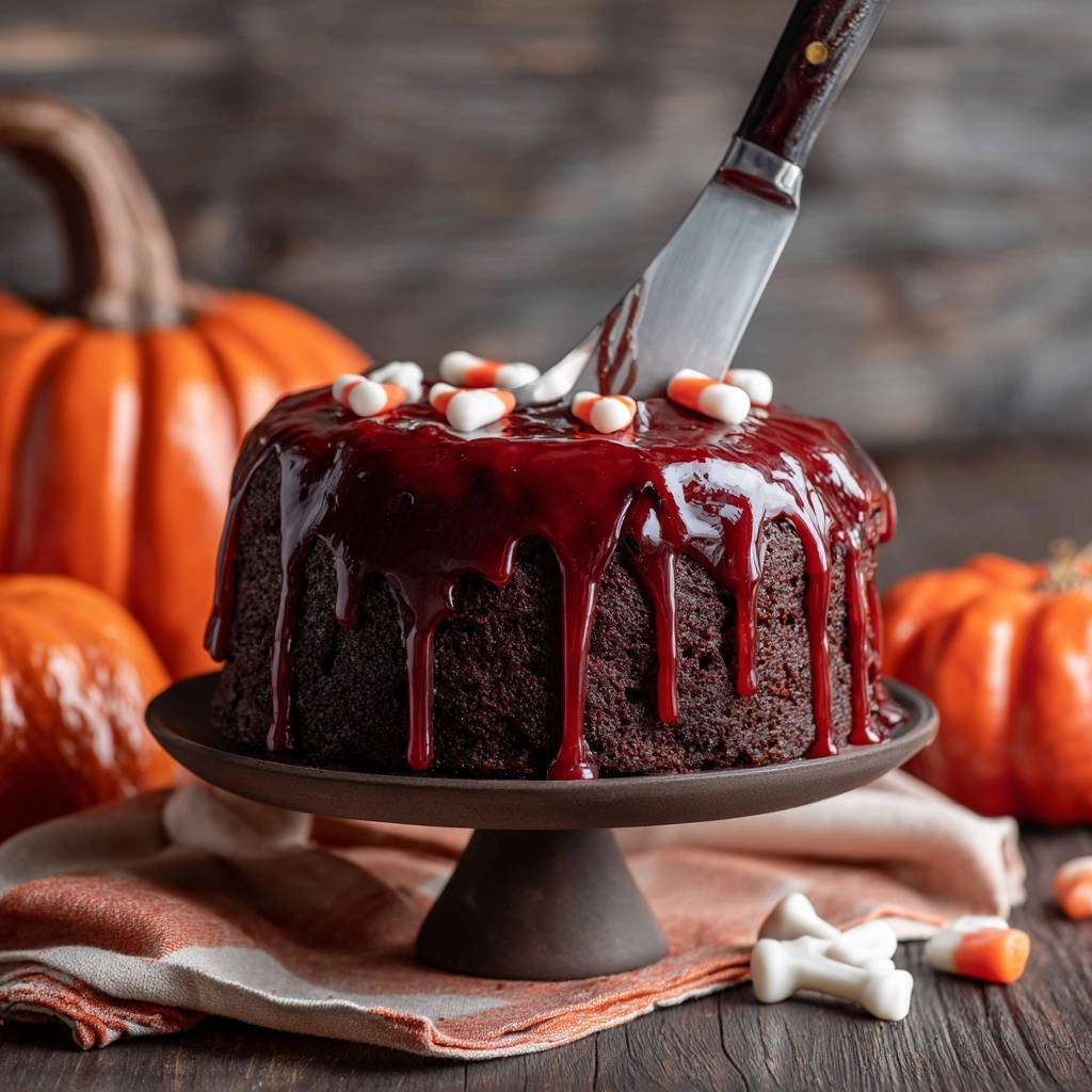 Spooky chocolate bundt cake with bloody glaze and a knife, decorated with candy corn and bone candies.