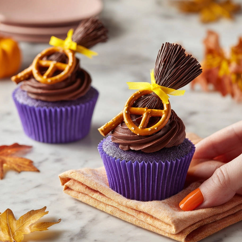 Spooky fun cupcakes decorated with chocolate witch brooms and pretzel wheels, a festive Halloween treat.