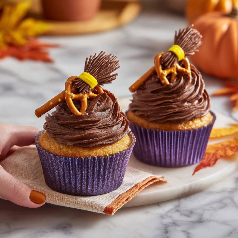 Spooky fun cupcakes decorated with chocolate frosting and witch broomstick pretzel and candy garnish.