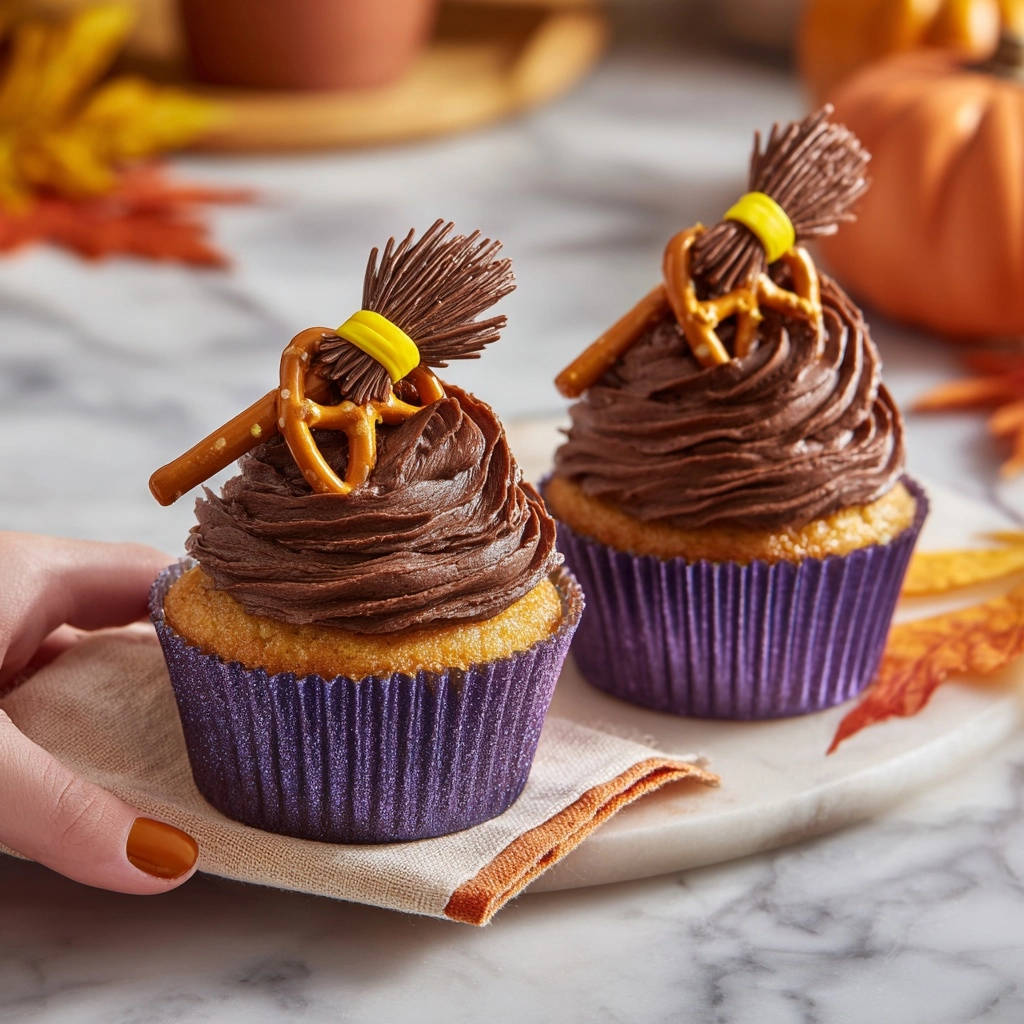 Spooky fun cupcakes decorated with chocolate frosting and witch broomstick pretzel and candy garnish.