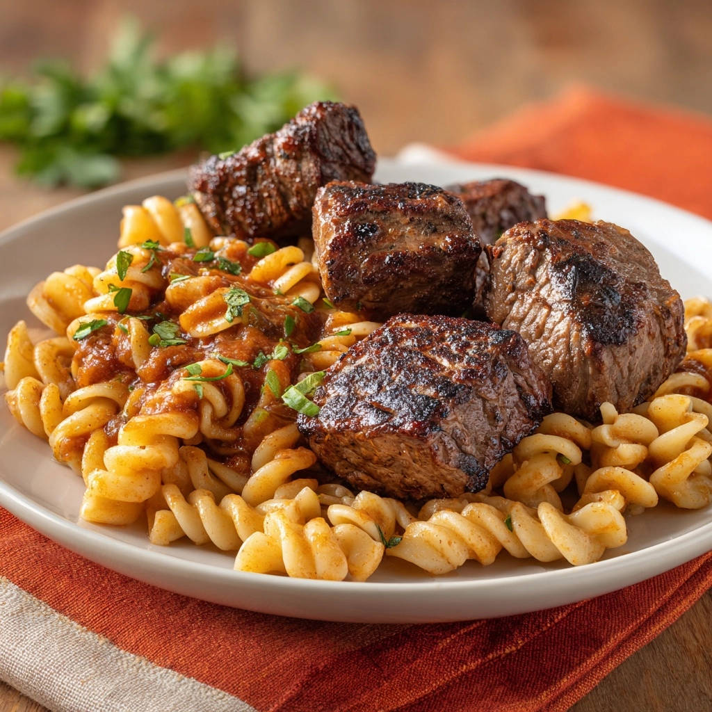 Perfectly seared steak bites and creamy pasta plated close-up, showcasing the texture of the dish.