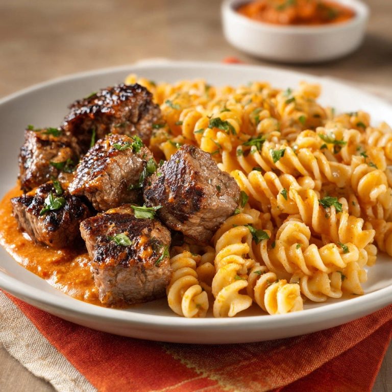 Perfectly seared steak bites and creamy pasta plated in a close-up view with fresh parsley garnish.