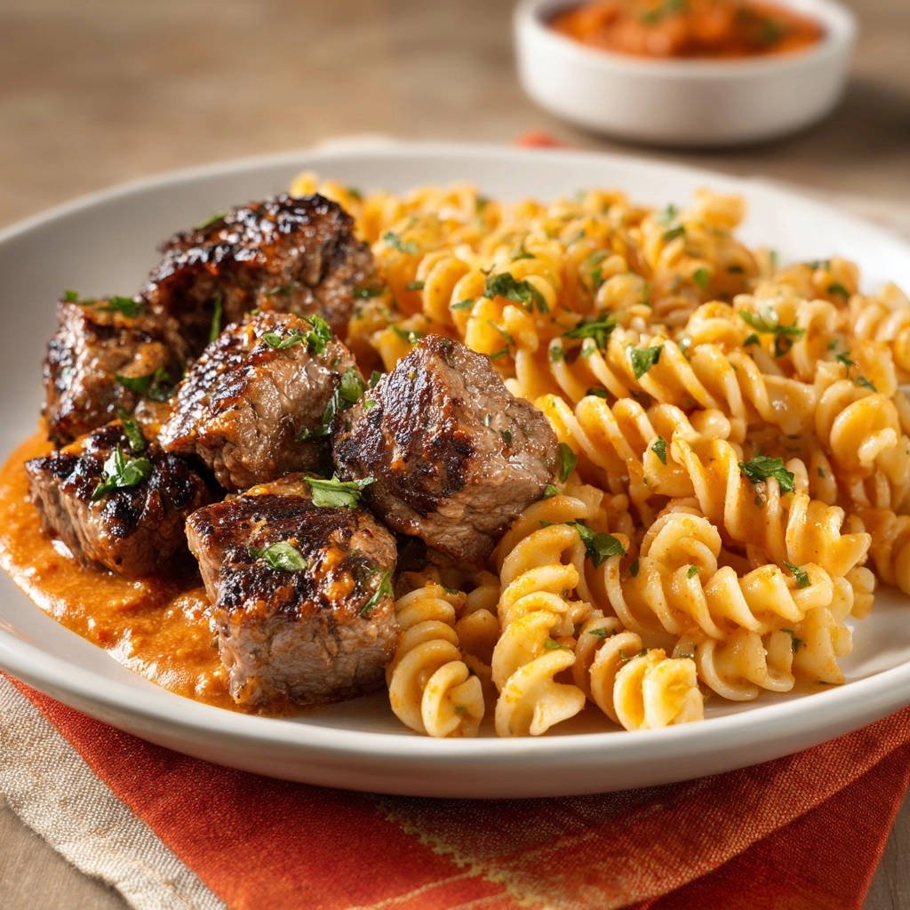 Perfectly seared steak bites and creamy pasta plated in a close-up view with fresh parsley garnish.