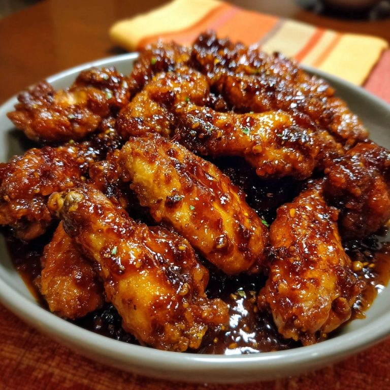 Sticky garlic ginger wings coated in a glossy, dark glaze with visible garlic and herb flecks.